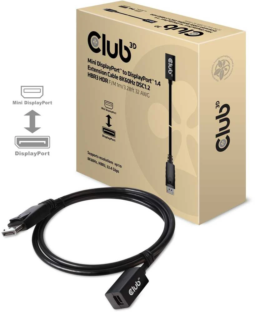 Club 3D Club3D Kabelis Mini DisplayPort 1.4 na DisplayPort 8K@60Hz DSC 1.2 HBR3 HDR dvikryptis (F-M)