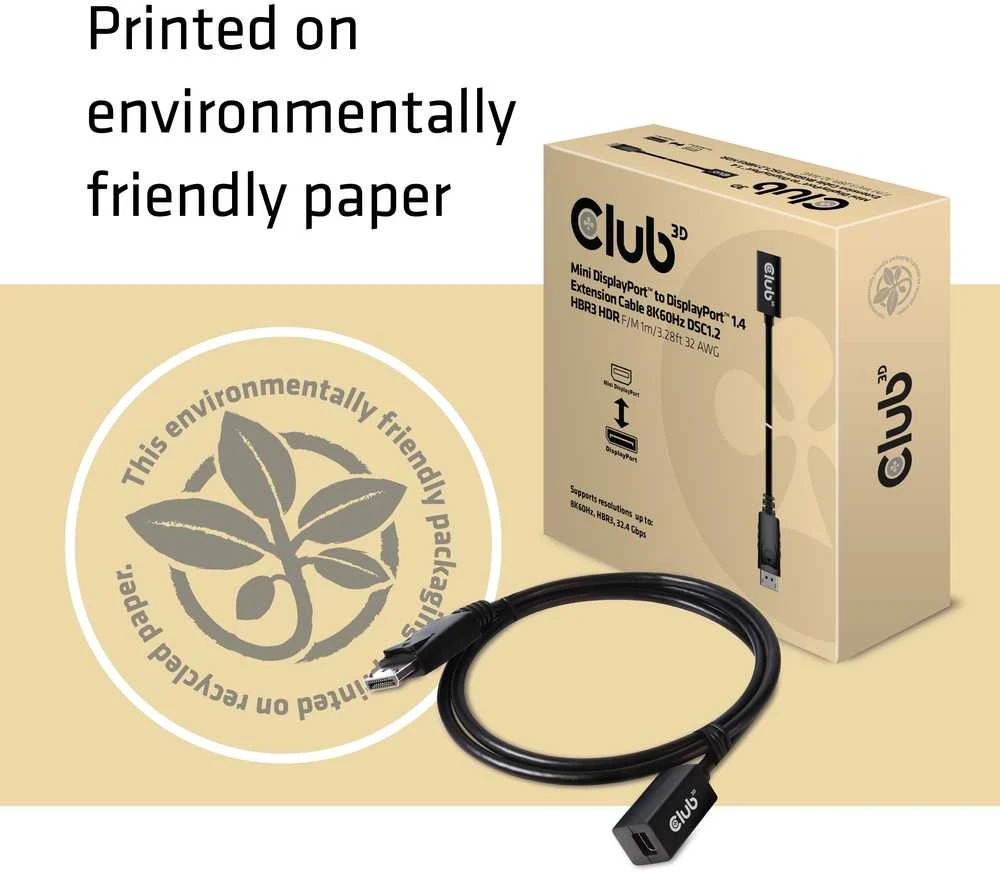 Club 3D Club3D Kabelis Mini DisplayPort 1.4 na DisplayPort 8K@60Hz DSC 1.2 HBR3 HDR dvikryptis (F-M)