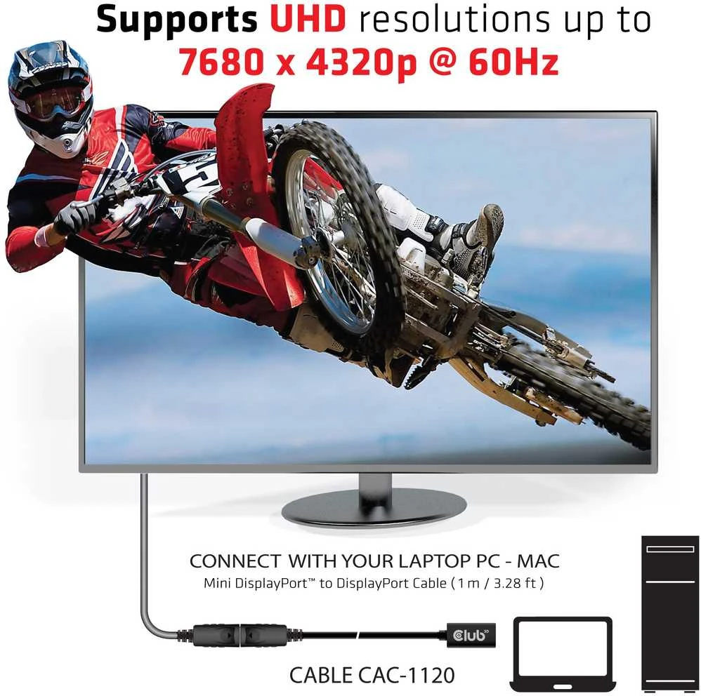 Club 3D Club3D Kabelis Mini DisplayPort 1.4 na DisplayPort 8K@60Hz DSC 1.2 HBR3 HDR dvikryptis (F-M)