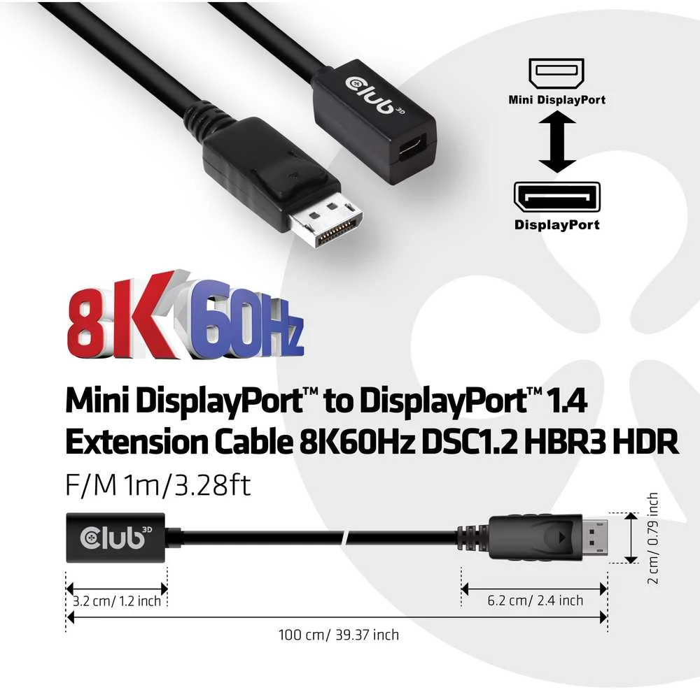 Club 3D Club3D Kabelis Mini DisplayPort 1.4 na DisplayPort 8K@60Hz DSC 1.2 HBR3 HDR dvikryptis (F-M)