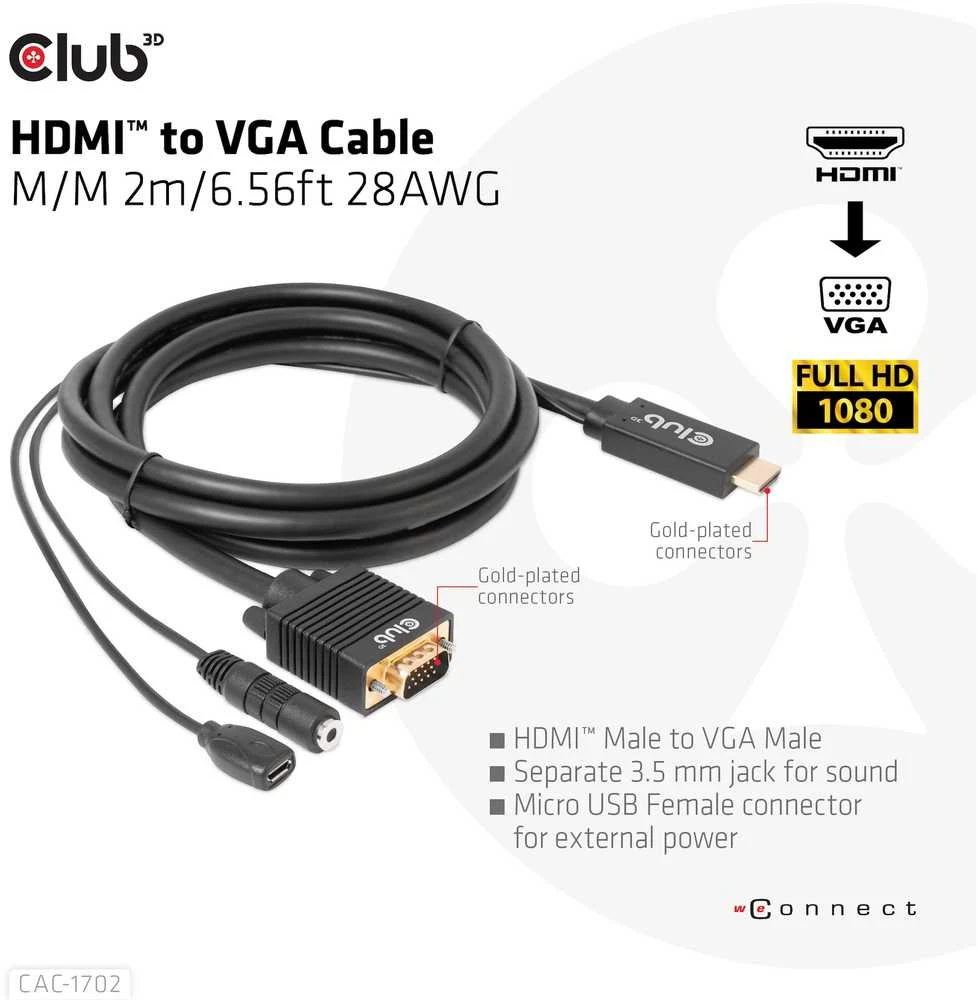 Kabelis Club 3D HDMI - D-Sub (VGA) 2m juoda (CAC-1712)