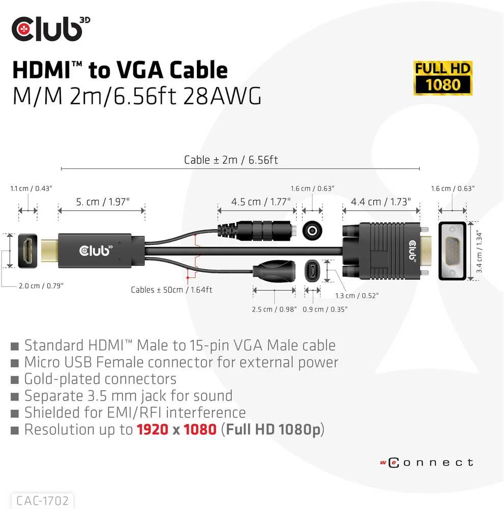 Kabelis Club 3D HDMI - D-Sub (VGA) 2m juoda (CAC-1712)