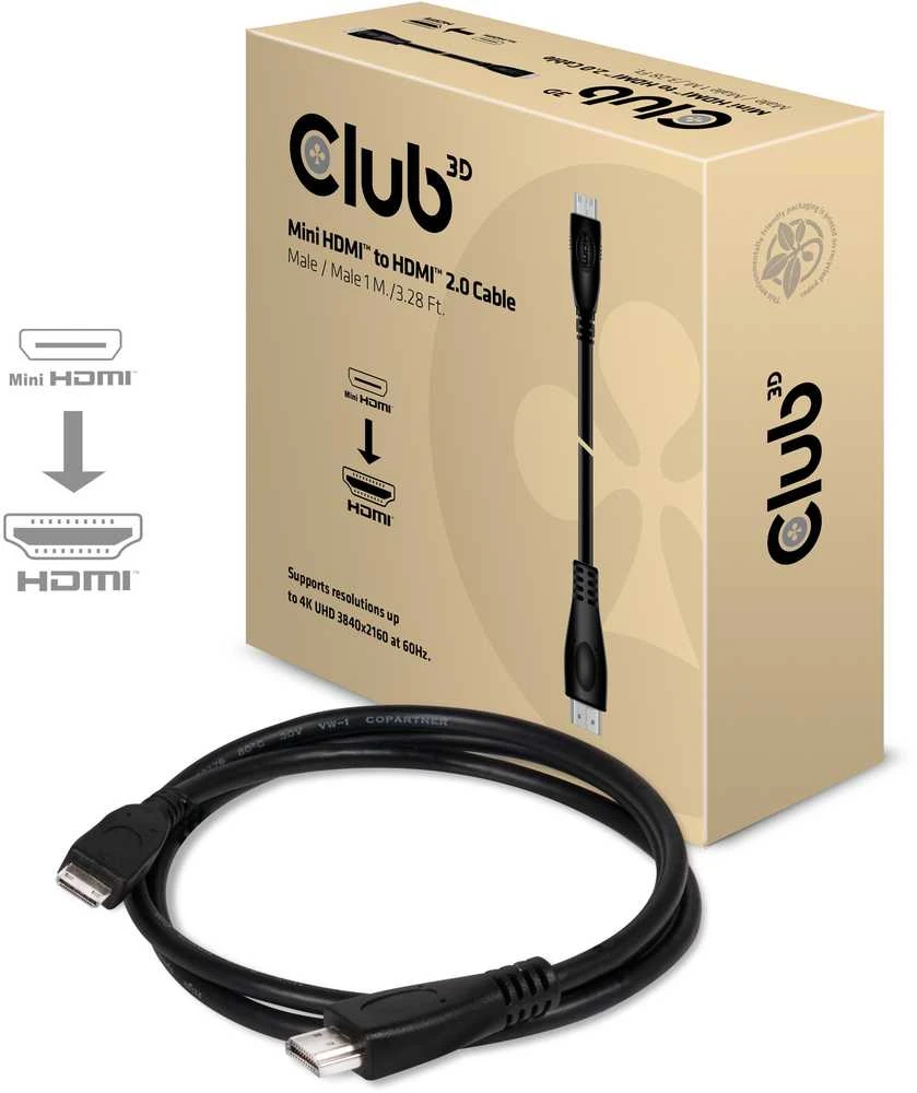 Club 3D Club3D CAC-1350 Mini HDMI į HDMI 2.0 4K 60Hz mini HDMI kištukas HDMI kištukas 1,0 m juodas