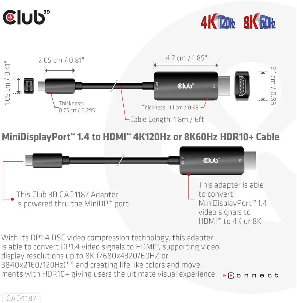 Kabelis Club 3D Club3D Cable MiniDP 1.4 > HDMI 1,8m 8K60Hz St / St mažmeninės prekybos