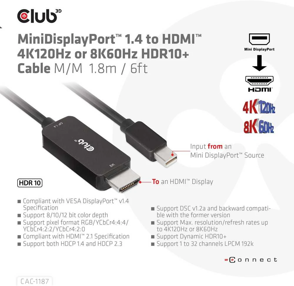 Kabelis Club 3D Club3D Cable MiniDP 1.4 > HDMI 1,8m 8K60Hz St / St mažmeninės prekybos