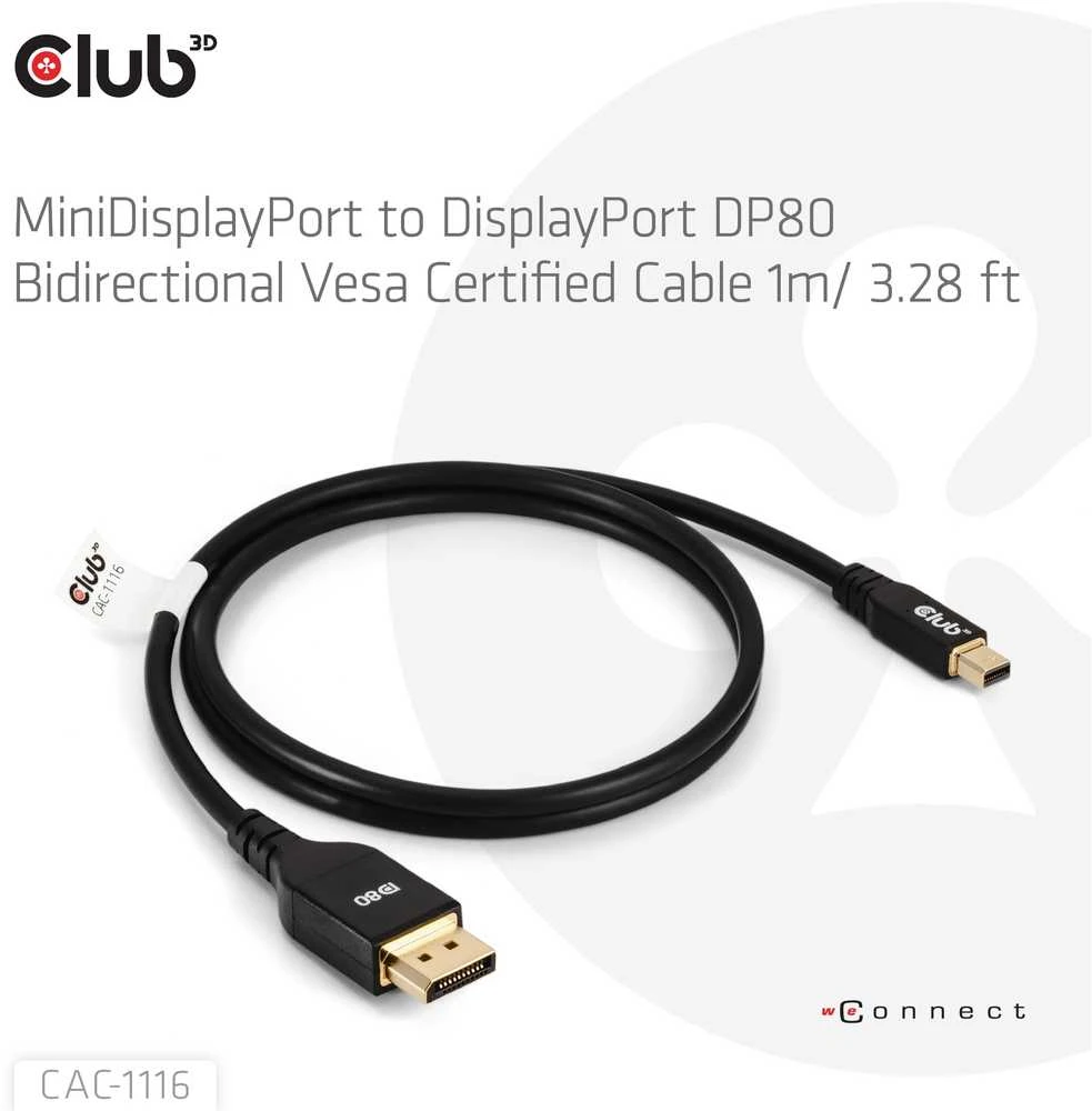 Kabelis Club 3D Club3D Kabelis MiniDP 2.1 DP2.1 1m 10K60Hz St/St mažmeninė prekyba