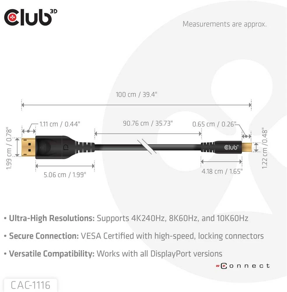 Kabelis Club 3D Club3D Kabelis MiniDP 2.1 DP2.1 1m 10K60Hz St/St mažmeninė prekyba