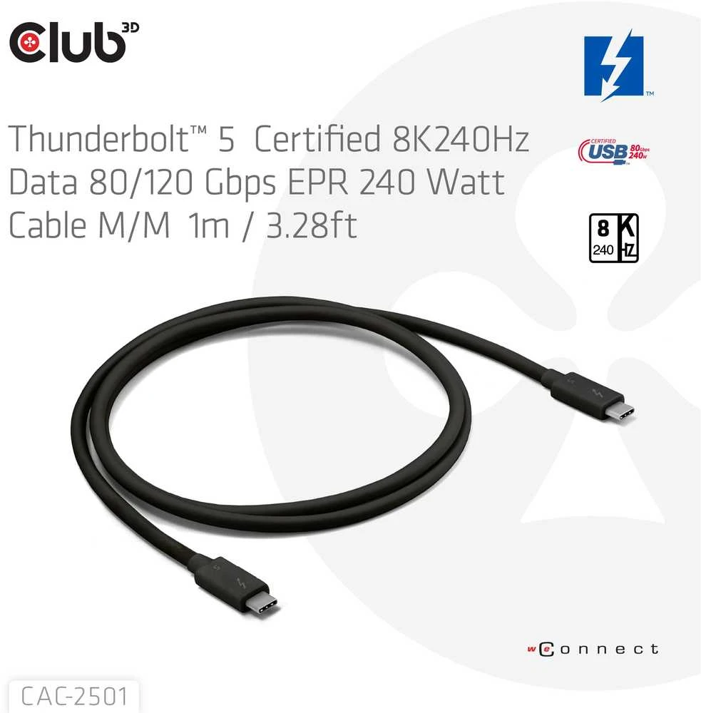 Club 3D Club3D Thunderbolt 5 kabelis, 80/120 Gbps, sertifikuotas kabelis, 1x 4K540Hz, 2x8K240Hz, PD 240W, 1m