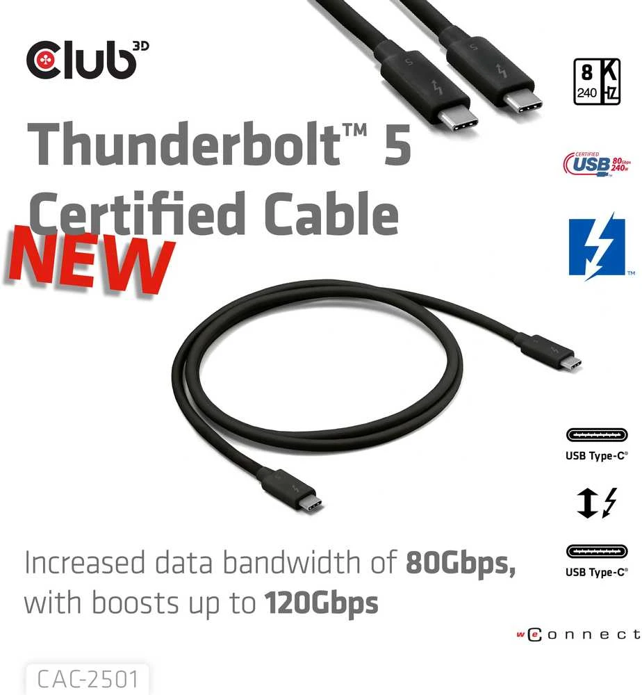 Club 3D Thunderbolt 5 kabelis su USB-C jungtimis
