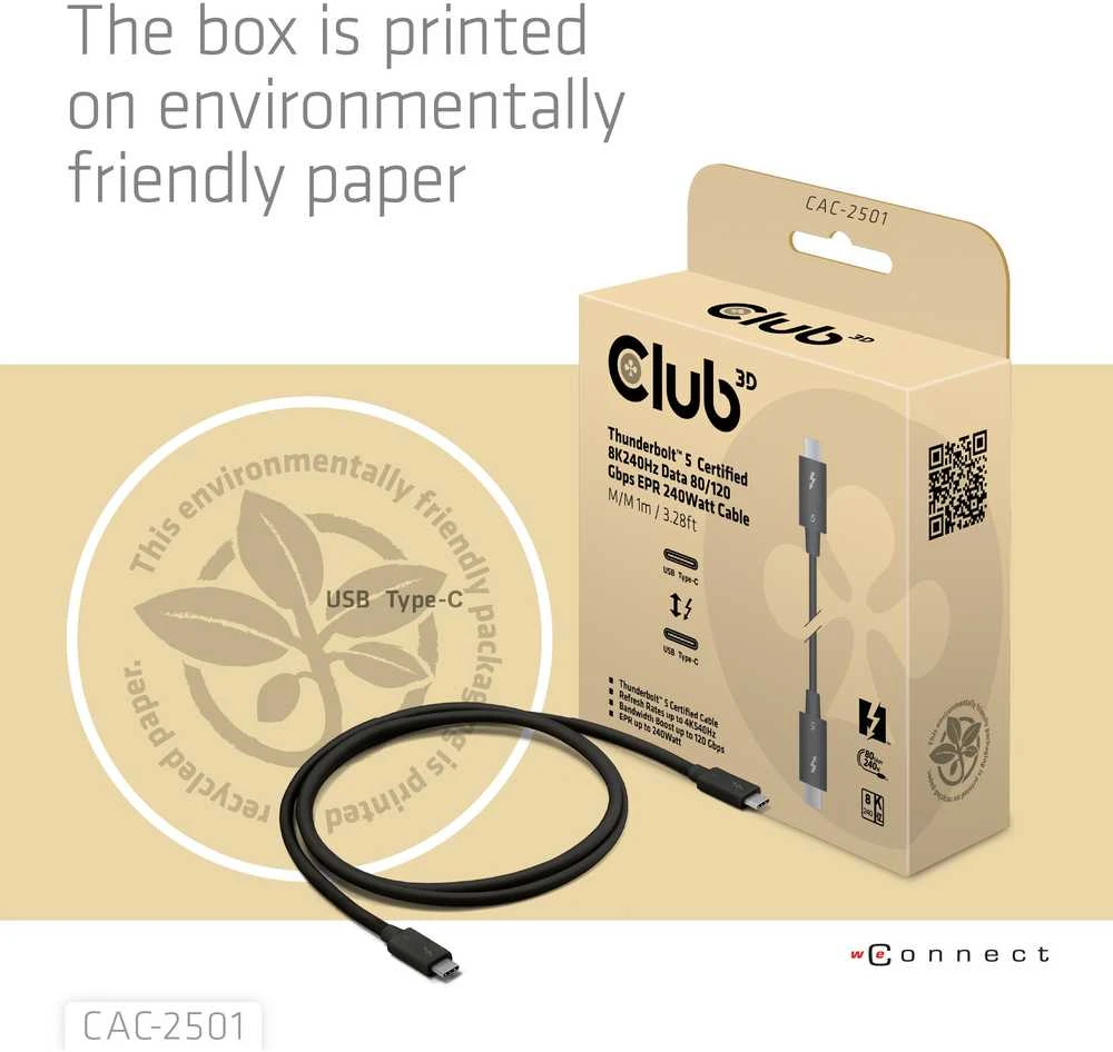 Club 3D Club3D Thunderbolt 5 kabelis, 80/120 Gbps, sertifikuotas kabelis, 1x 4K540Hz, 2x8K240Hz, PD 240W, 1m