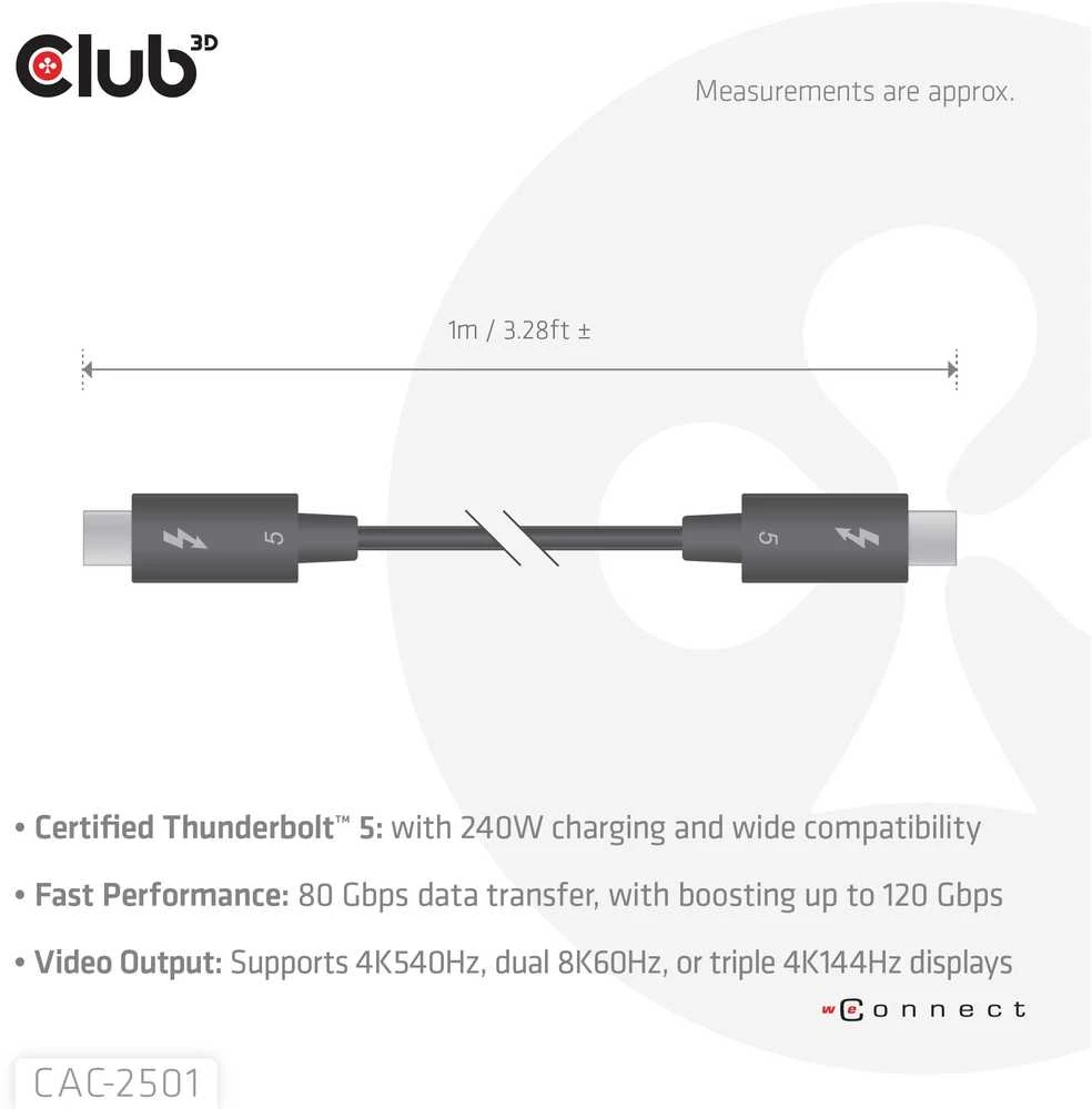 Club 3D Club3D Thunderbolt 5 kabelis, 80/120 Gbps, sertifikuotas kabelis, 1x 4K540Hz, 2x8K240Hz, PD 240W, 1m