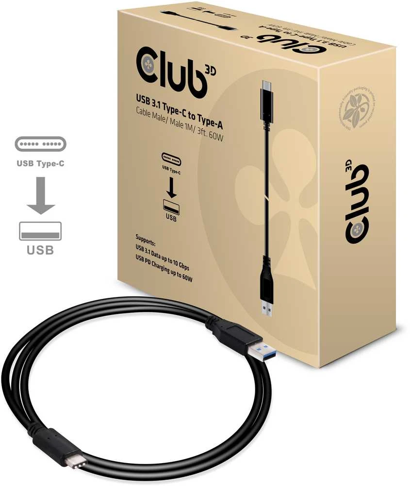 USB Club 3D USB-A – USB-C laidas, 1 m juodas (CAC-1523)