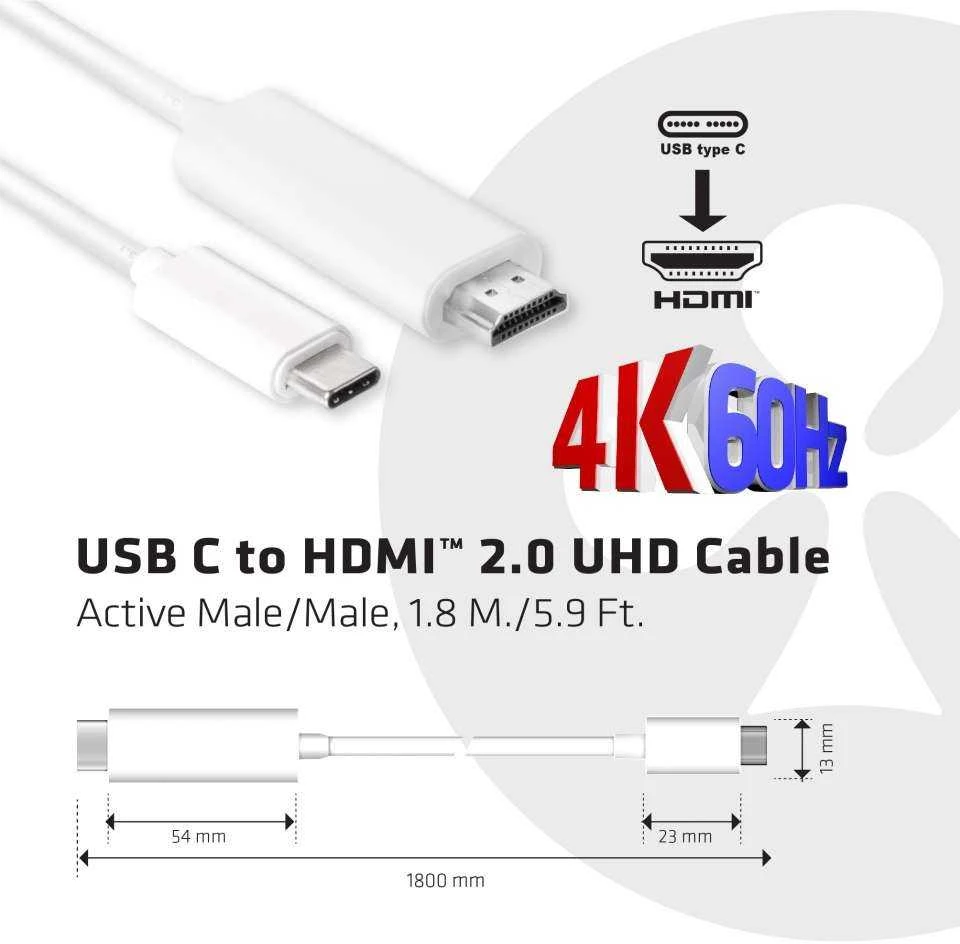 Club 3D CLUB3D USB C į HDMI™ 2.0 UHD laidas, aktyvus, 1,8 m / 5,9 pėd.