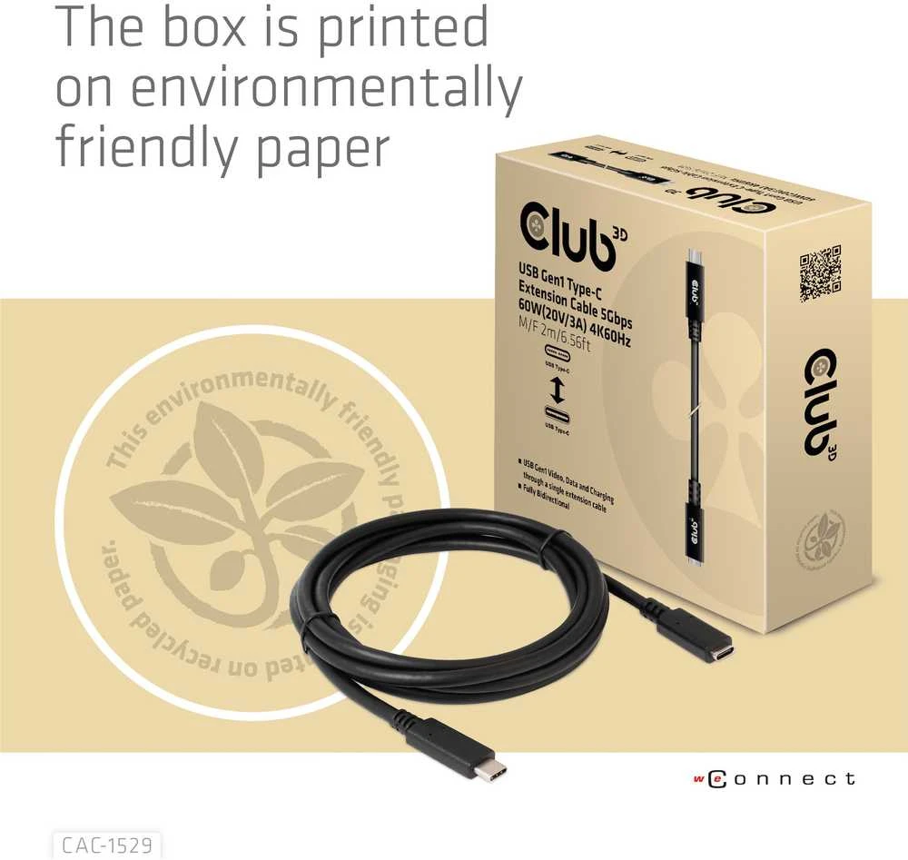 Club 3D CLUB3D CAC-1529 USB Gen1 Type-C ilgintuvas 5Gbps 60W (20V/3A) 4K60Hz M/F 2m