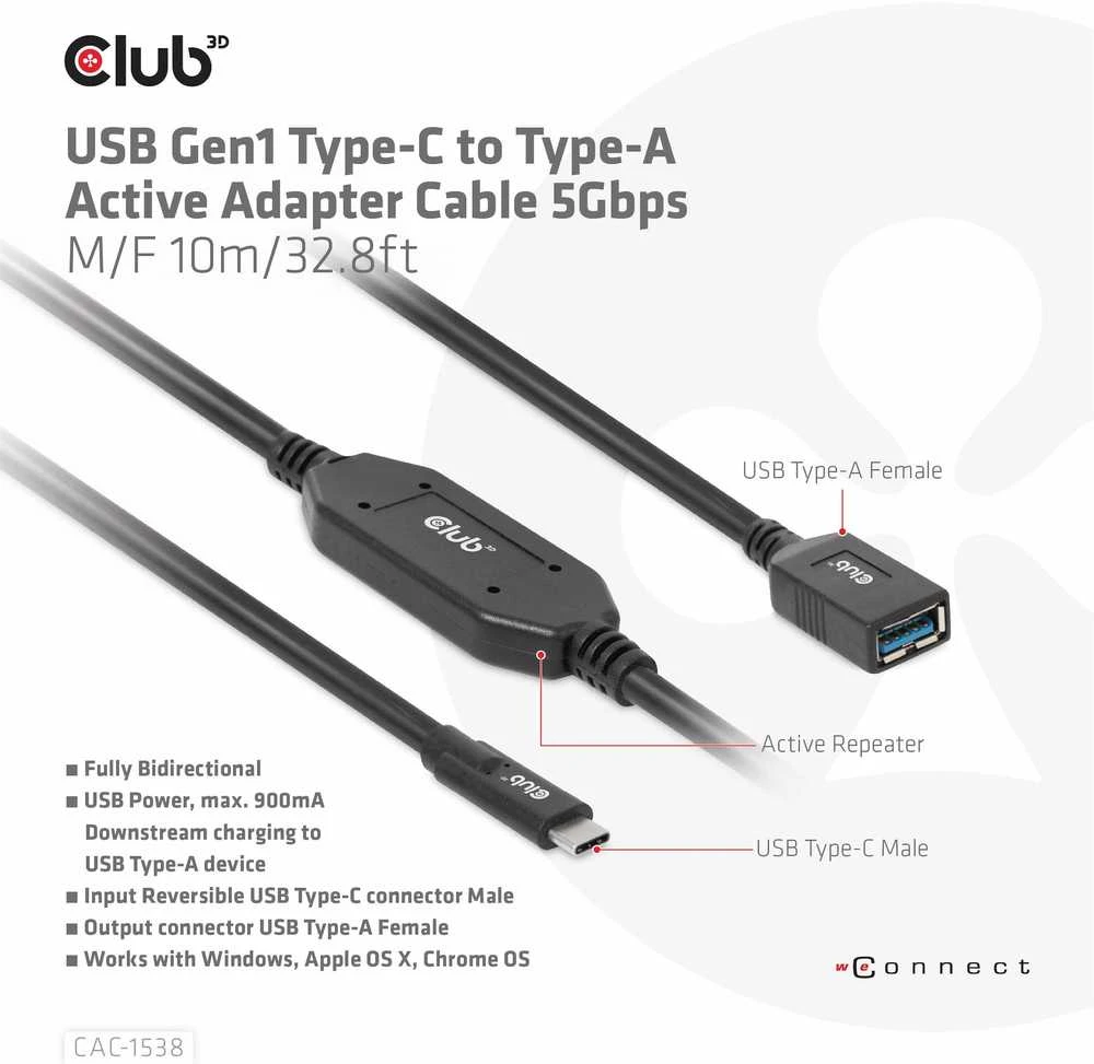 USB kabelis Club 3D USB-A - USB-C 10 m Juodas (CAC- 1538)
