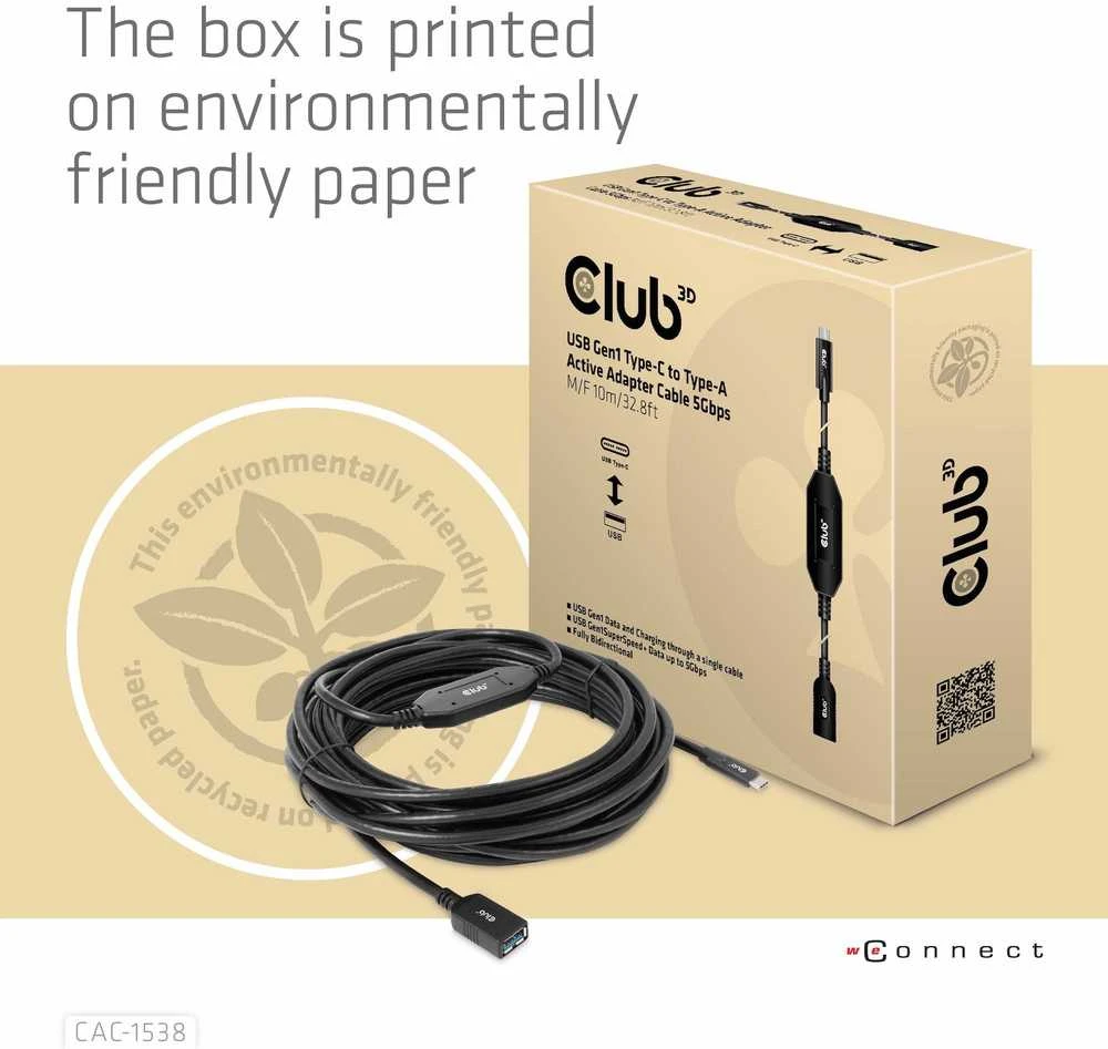 USB kabelis Club 3D USB-A - USB-C 10 m Juodas (CAC- 1538)