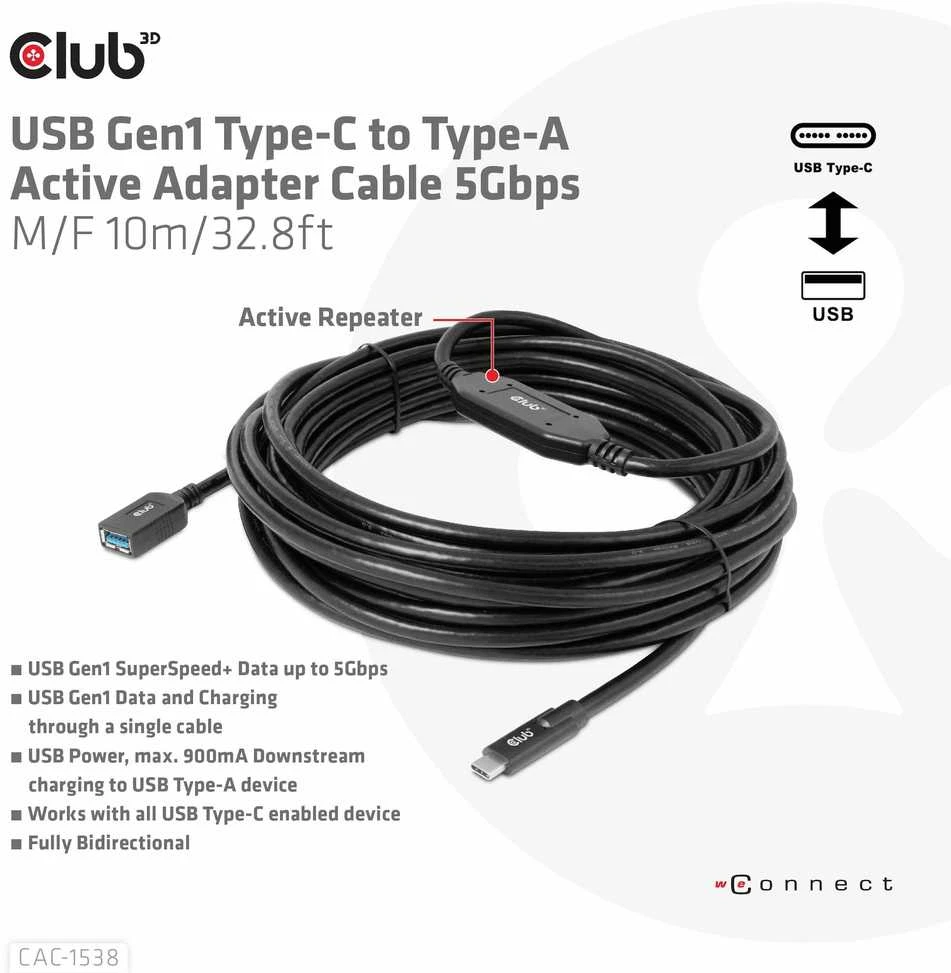 USB kabelis Club 3D USB-A - USB-C 10 m Juodas (CAC- 1538)