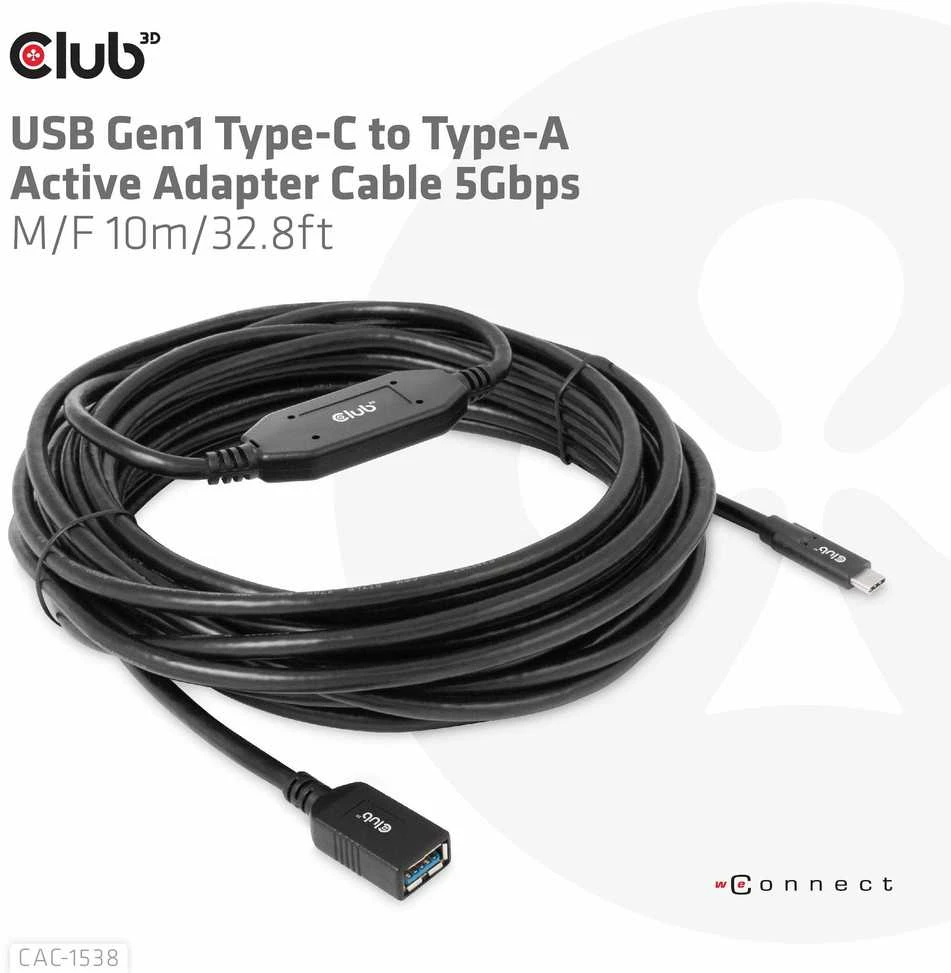 USB kabelis Club 3D USB-A - USB-C 10 m Juodas (CAC- 1538)