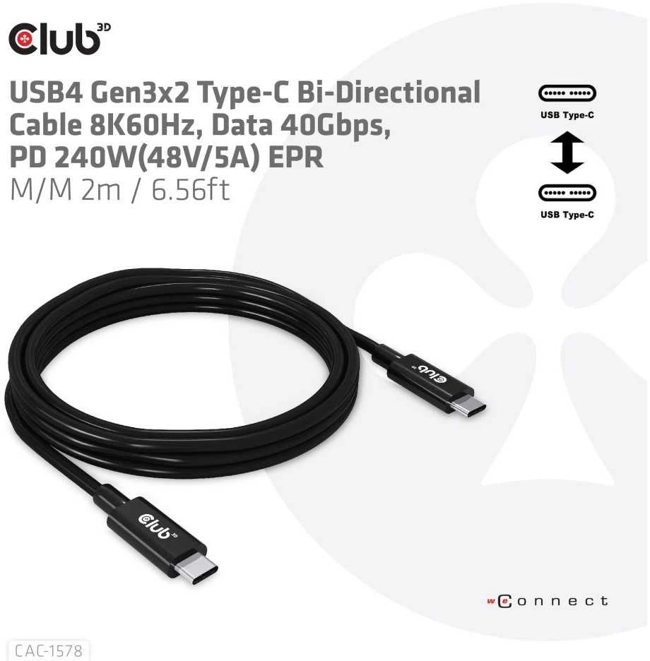 Club 3D Club3D kabelis USB4 Gen3x2 Type-C Dvipusis kabelis 8K60Hz, duomenų sparta 40 Gbps, PD 240W(48V/5A) EPR M/M 2m