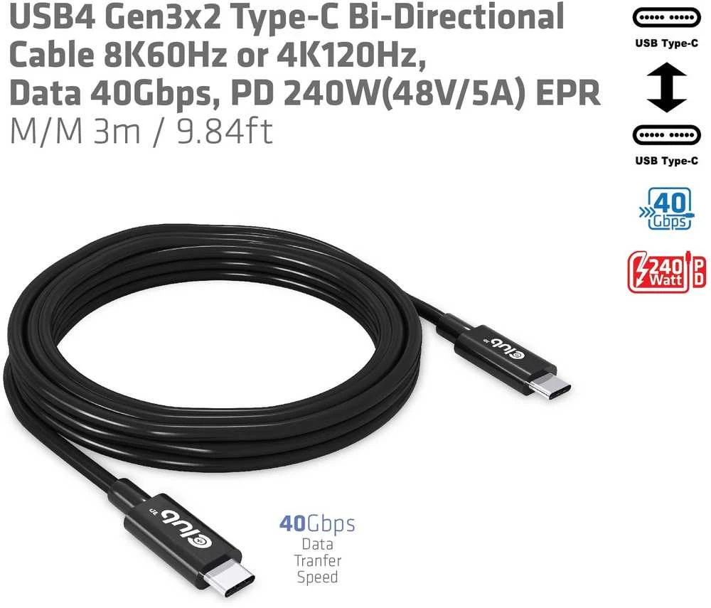 Club 3D Club3D Kabelis USB4 Gen3x2 Typ C 8K60Hz UHD maitinimo tiekimas 240W, (M/M), 300cm