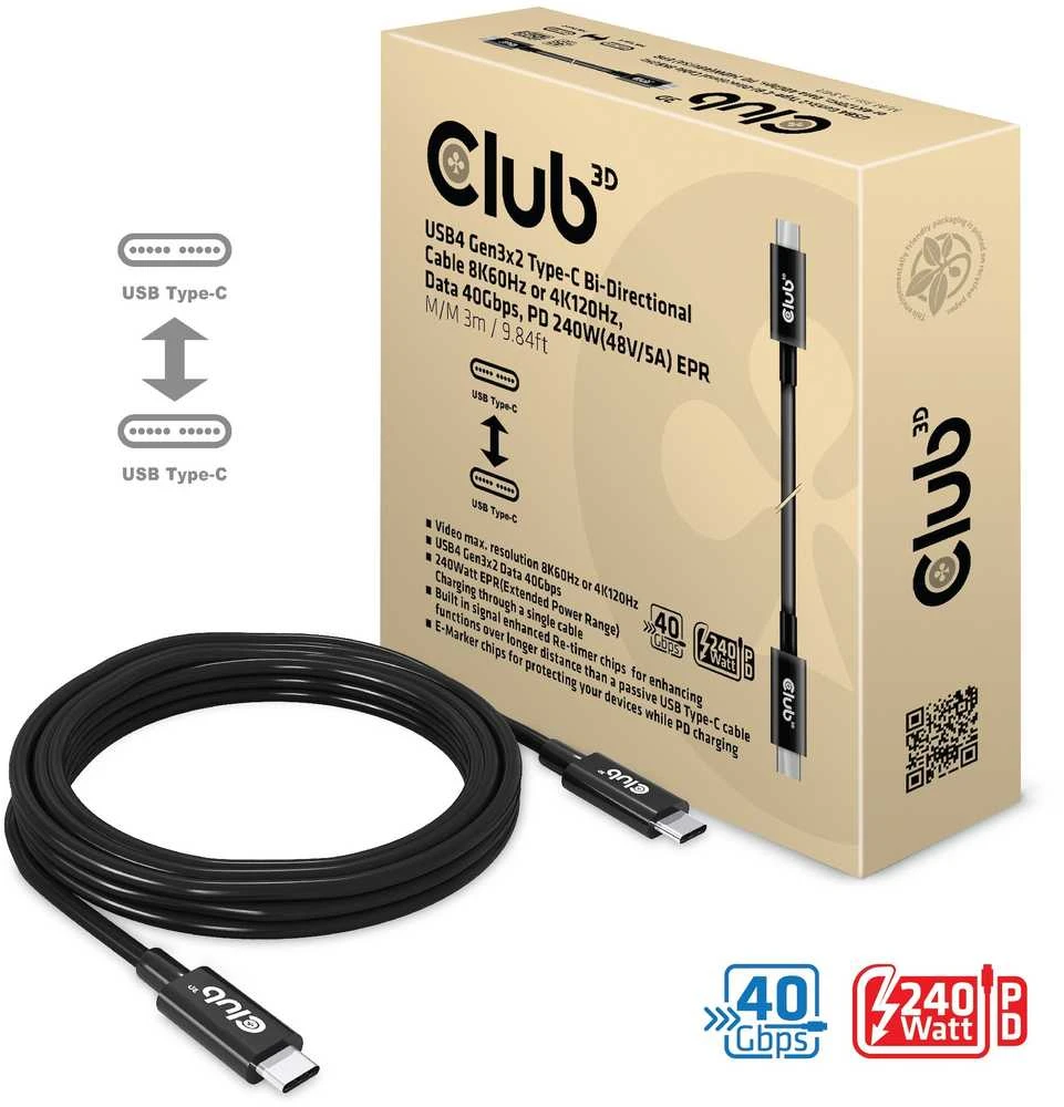 Club 3D Club3D Kabelis USB4 Gen3x2 Typ C 8K60Hz UHD maitinimo tiekimas 240W, (M/M), 300cm