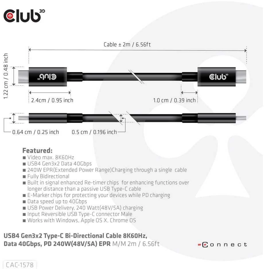 Club 3D Club3D kabelis USB4 Gen3x2 Type-C Dvipusis kabelis 8K60Hz, duomenų sparta 40 Gbps, PD 240W(48V/5A) EPR M/M 2m