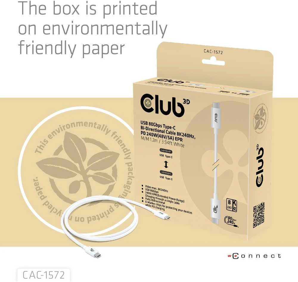 Kabelis USB Club 3D USB-C - USB-C 1.2 m Baltas (CAC-1572)