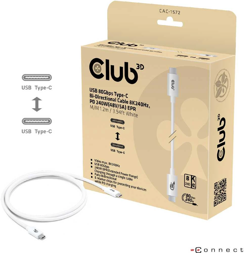 Kabelis USB Club 3D USB-C - USB-C 1.2 m Baltas (CAC-1572)