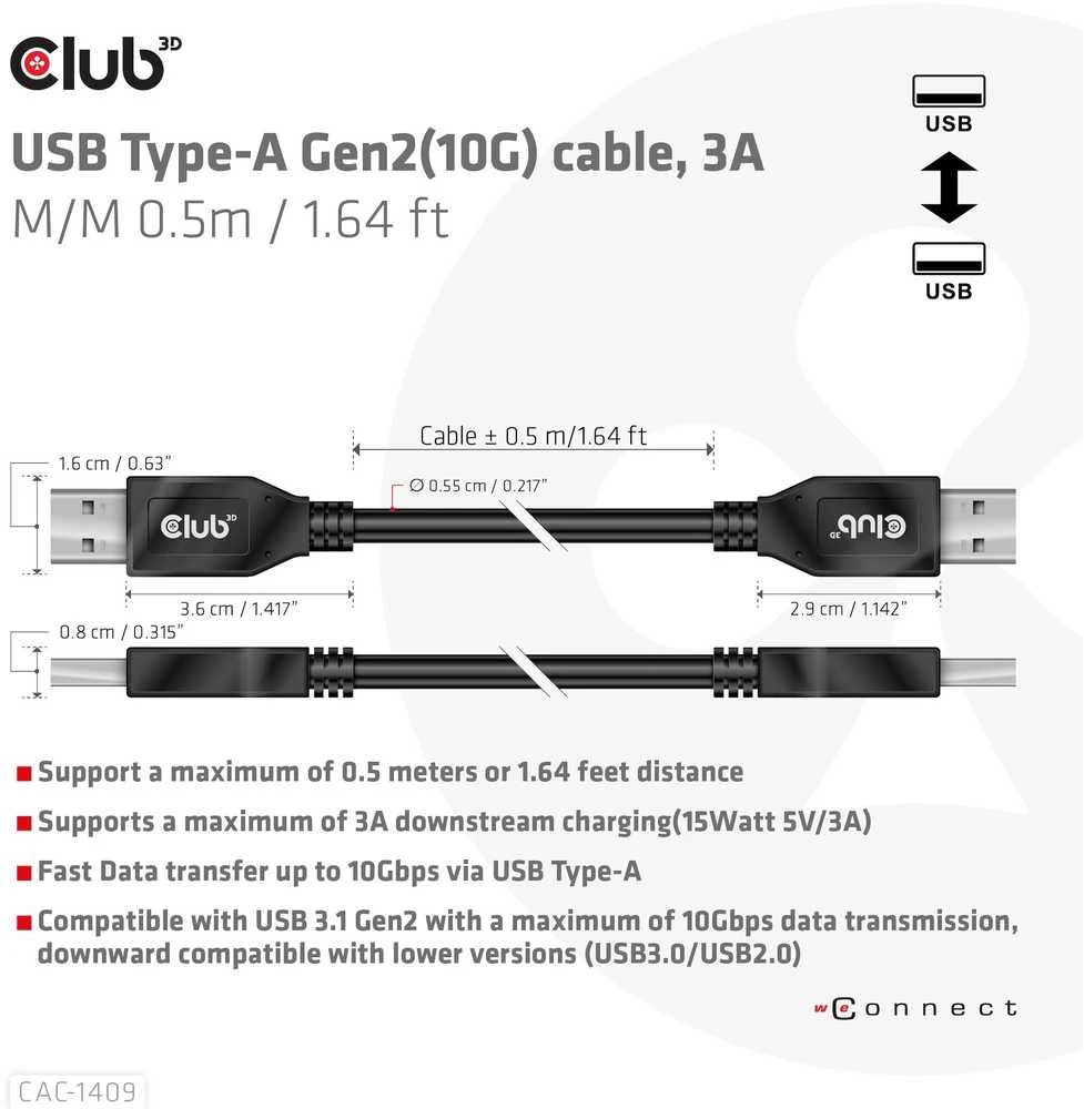 Kabelis USB Club 3D USB-A - USB-A 0.5 m Juodas (CAC-1409)