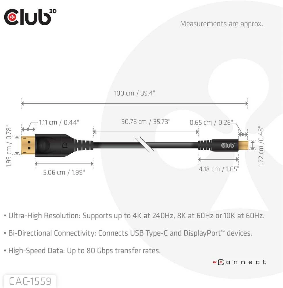 Kabelis Club 3D Club3D Kabelis USB Typ C DP 2.1 1m 10K60Hz St/St mažmeninė prekyba