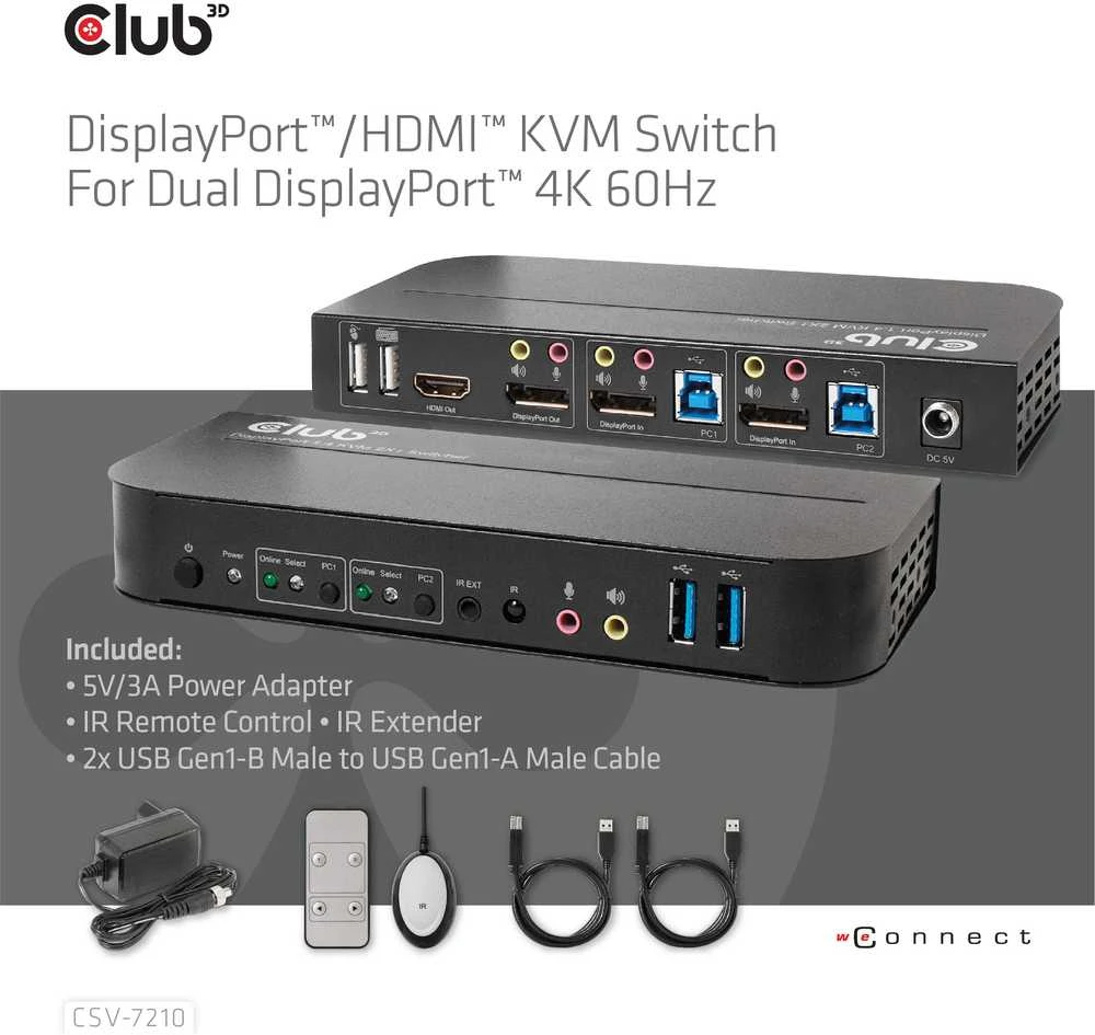 Club 3D Club3D tinklo jungiklis – jungiklis, DP/HDMI KVM jungiklis – dvigubas DP 4K 60Hz