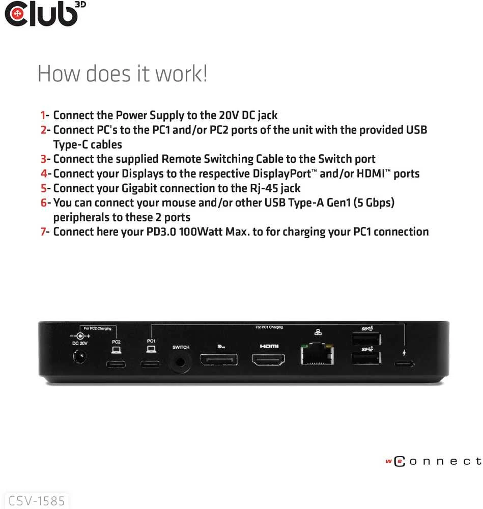 Club 3D Club3D KVM jungiklis 4K60Hz 2x USB-C> HDMI/DP/3xUSB/2xUSB-C/LAN mažmeninė prekyba