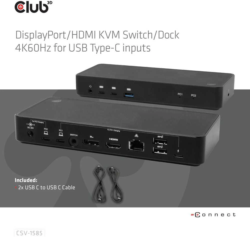 Club 3D Club3D KVM jungiklis 4K60Hz 2x USB-C> HDMI/DP/3xUSB/2xUSB-C/LAN mažmeninė prekyba