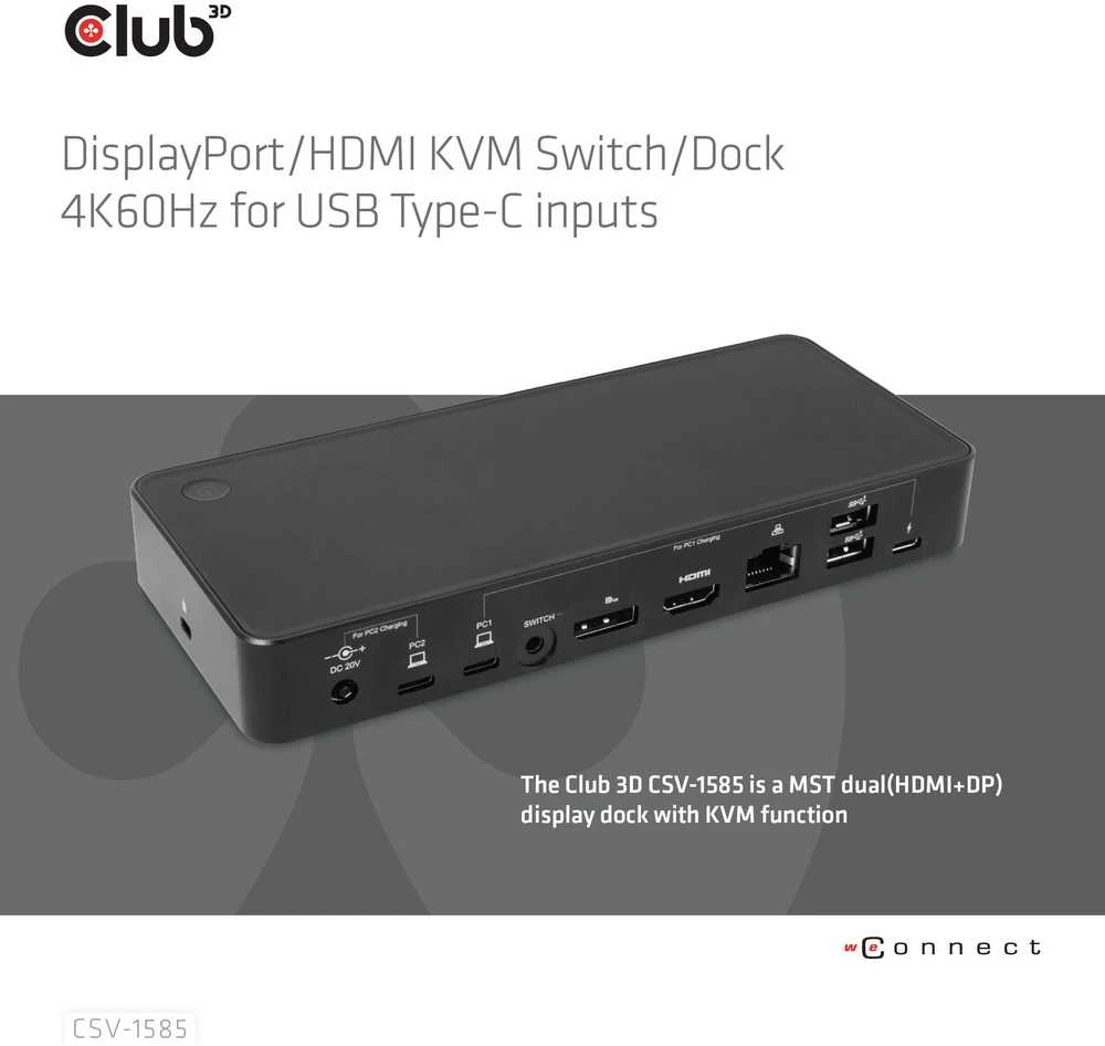 Club 3D Club3D KVM jungiklis 4K60Hz 2x USB-C> HDMI/DP/3xUSB/2xUSB-C/LAN mažmeninė prekyba