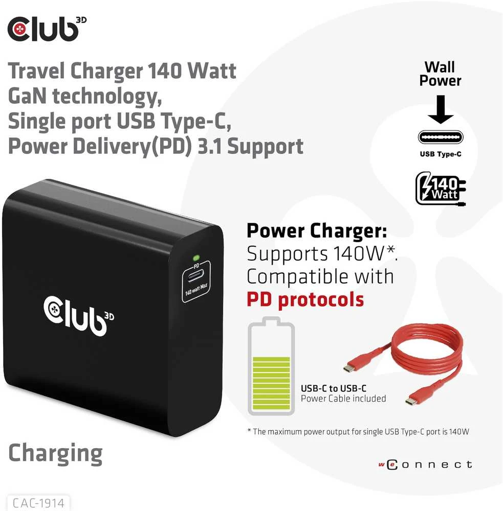 Club 3D Club3D kelioninis įkroviklis USB-C 140W GaN technologija, 1xUSB-C, PD 3.1 palaikymas