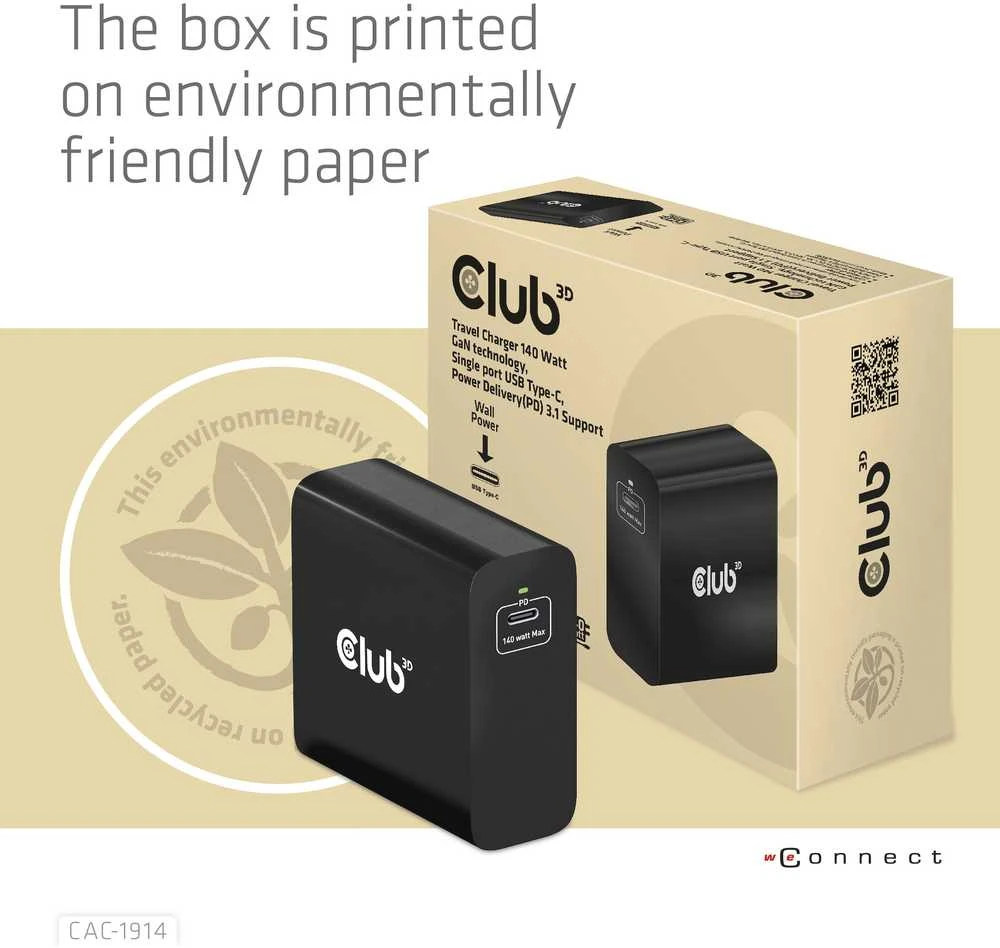 Club 3D Club3D kelioninis įkroviklis USB-C 140W GaN technologija, 1xUSB-C, PD 3.1 palaikymas