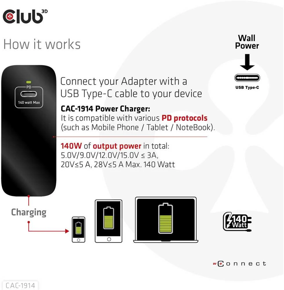 Club 3D Club3D kelioninis įkroviklis USB-C 140W GaN technologija, 1xUSB-C, PD 3.1 palaikymas