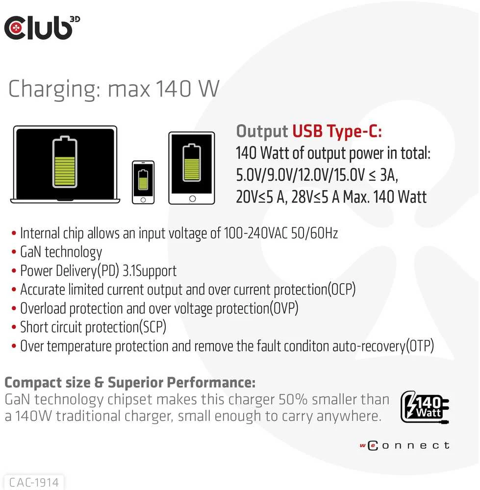 Club 3D Club3D kelioninis įkroviklis USB-C 140W GaN technologija, 1xUSB-C, PD 3.1 palaikymas