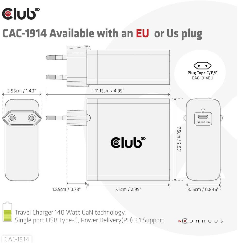 Club 3D Club3D kelioninis įkroviklis USB-C 140W GaN technologija, 1xUSB-C, PD 3.1 palaikymas