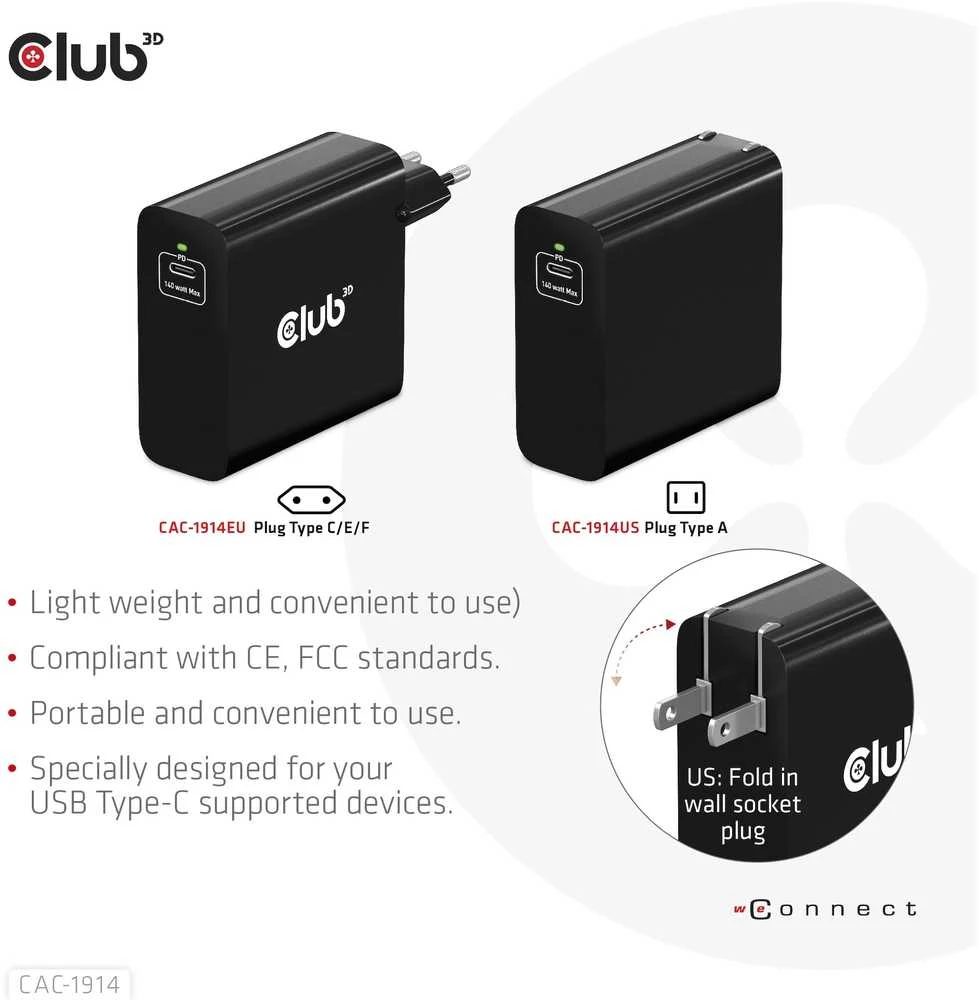 Club 3D Club3D kelioninis įkroviklis USB-C 140W GaN technologija, 1xUSB-C, PD 3.1 palaikymas
