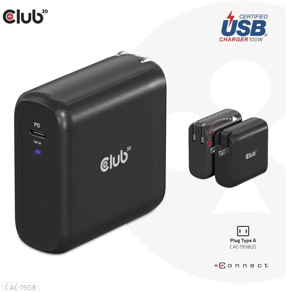 Įkroviklis Club 3D CAC-1908EU travel GaN 1x USB-C 100W