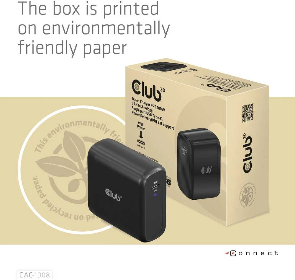 Įkroviklis Club 3D CAC-1908EU travel GaN 1x USB-C 100W
