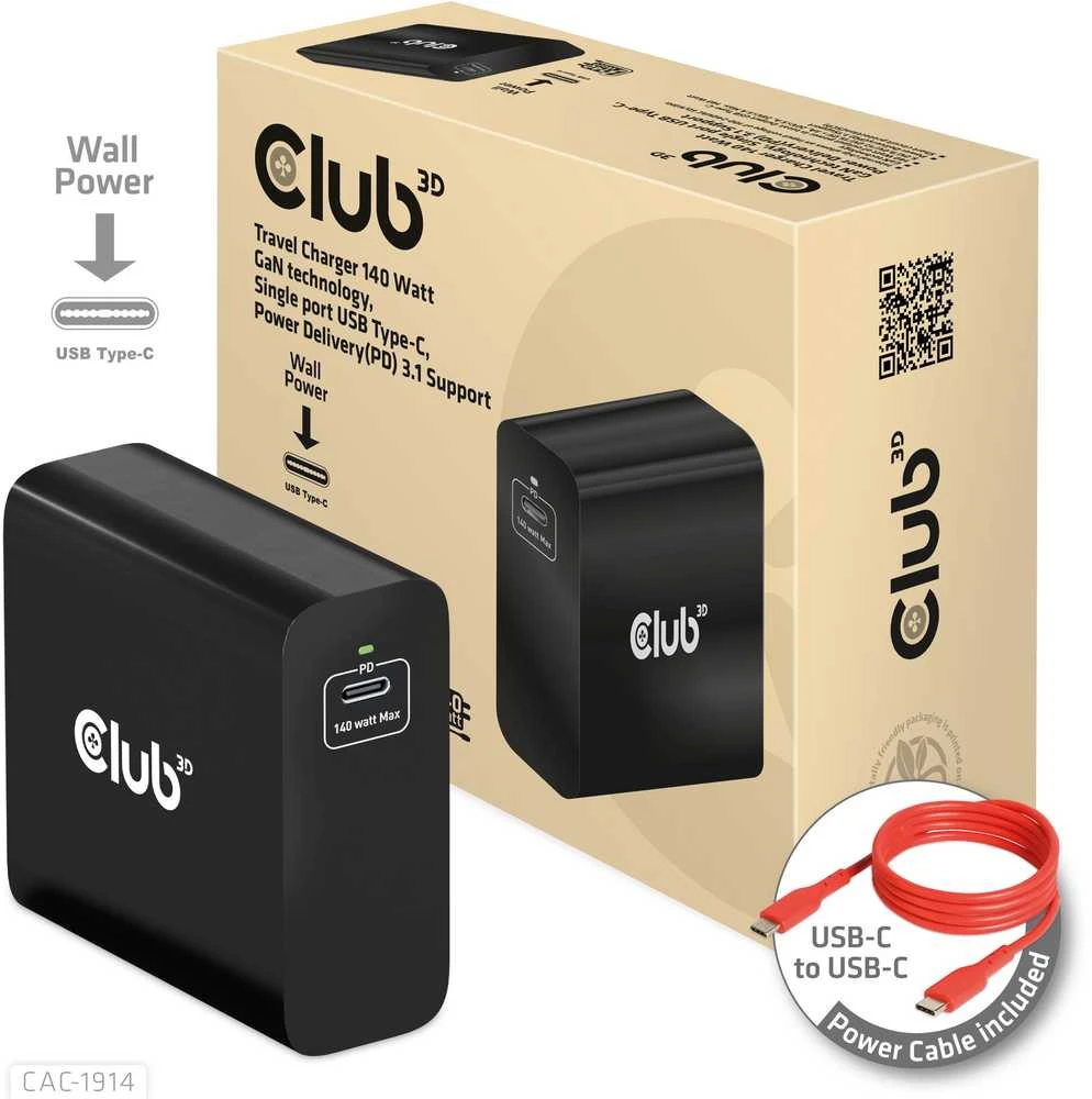 Club 3D Club3D kelioninis įkroviklis USB-C 140W GaN technologija, 1xUSB-C, PD 3.1 palaikymas