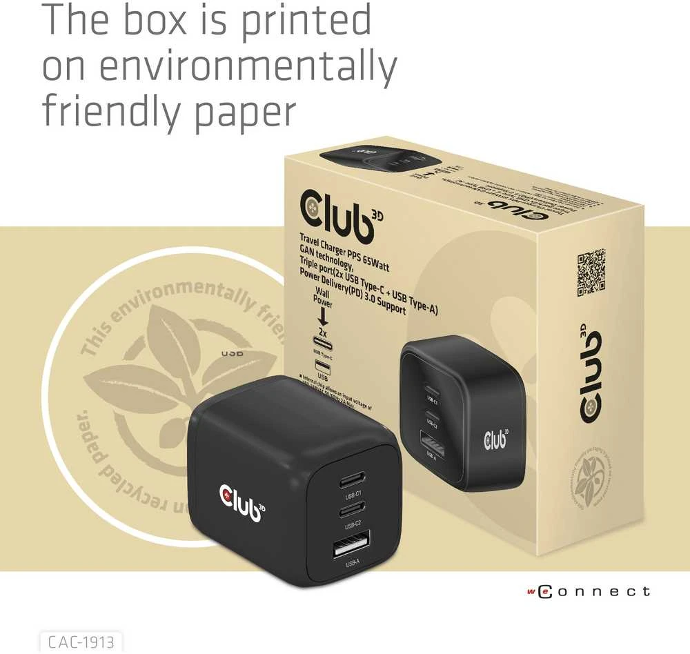 Club 3D Club3D kelioninis įkroviklis 65W GAN technologija, 3 prievadai (2xUSB-C + USB-A), PPS, Power Delivery (PD) 3.0 palaikymas