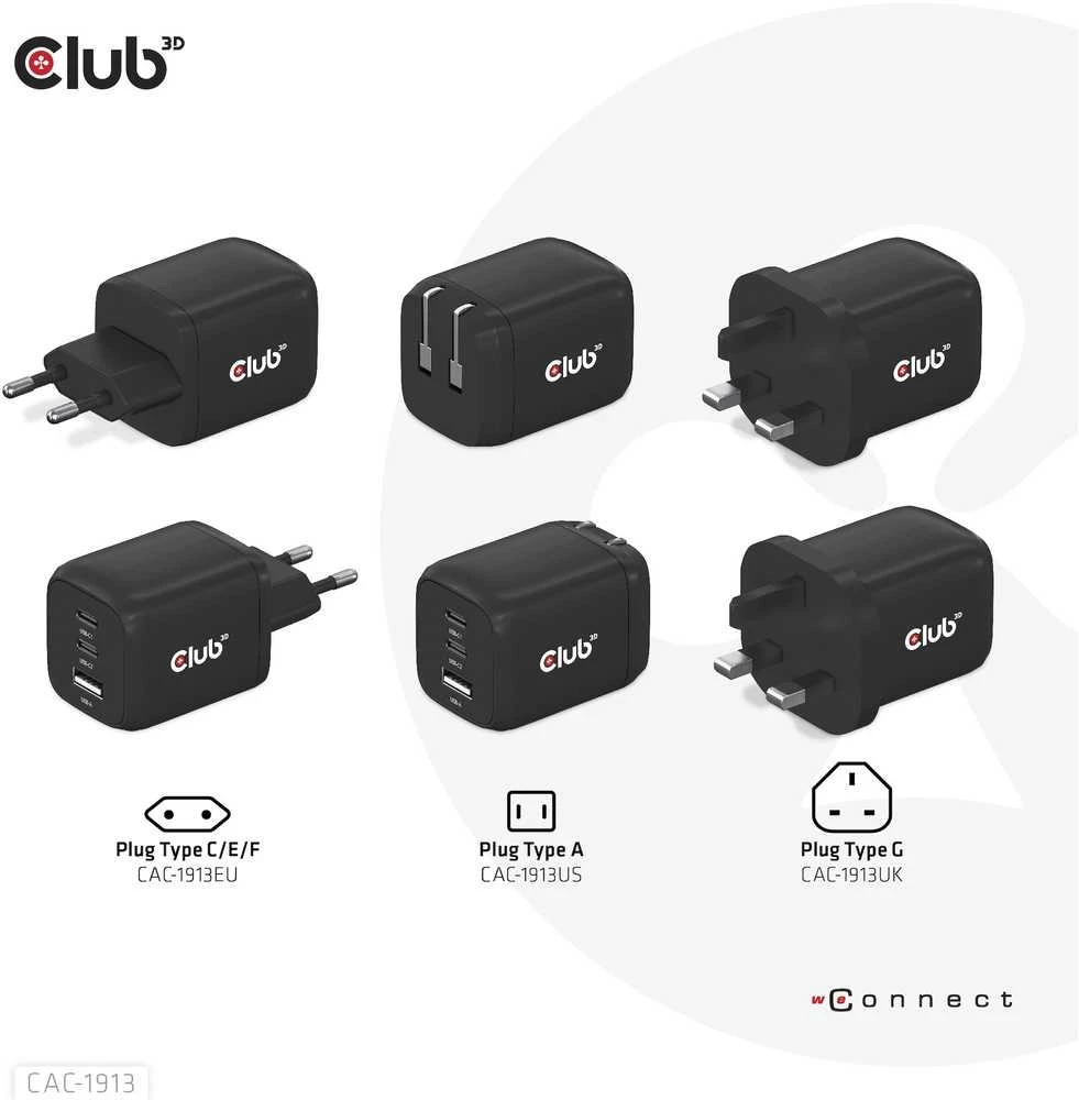 Club 3D Club3D kelioninis įkroviklis 65W GAN technologija, 3 prievadai (2xUSB-C + USB-A), PPS, Power Delivery (PD) 3.0 palaikymas