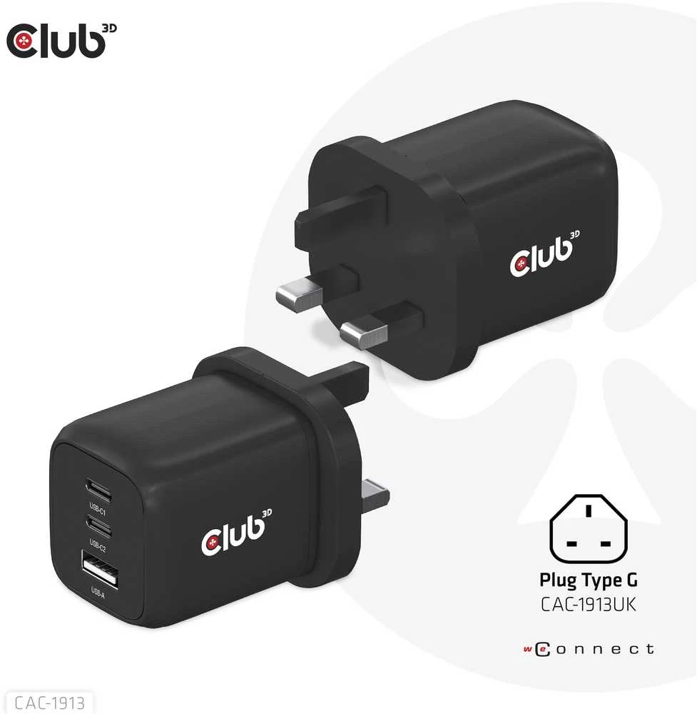 Club 3D Club3D kelioninis įkroviklis 65W GAN technologija, 3 prievadai (2xUSB-C + USB-A), PPS, Power Delivery (PD) 3.0 palaikymas