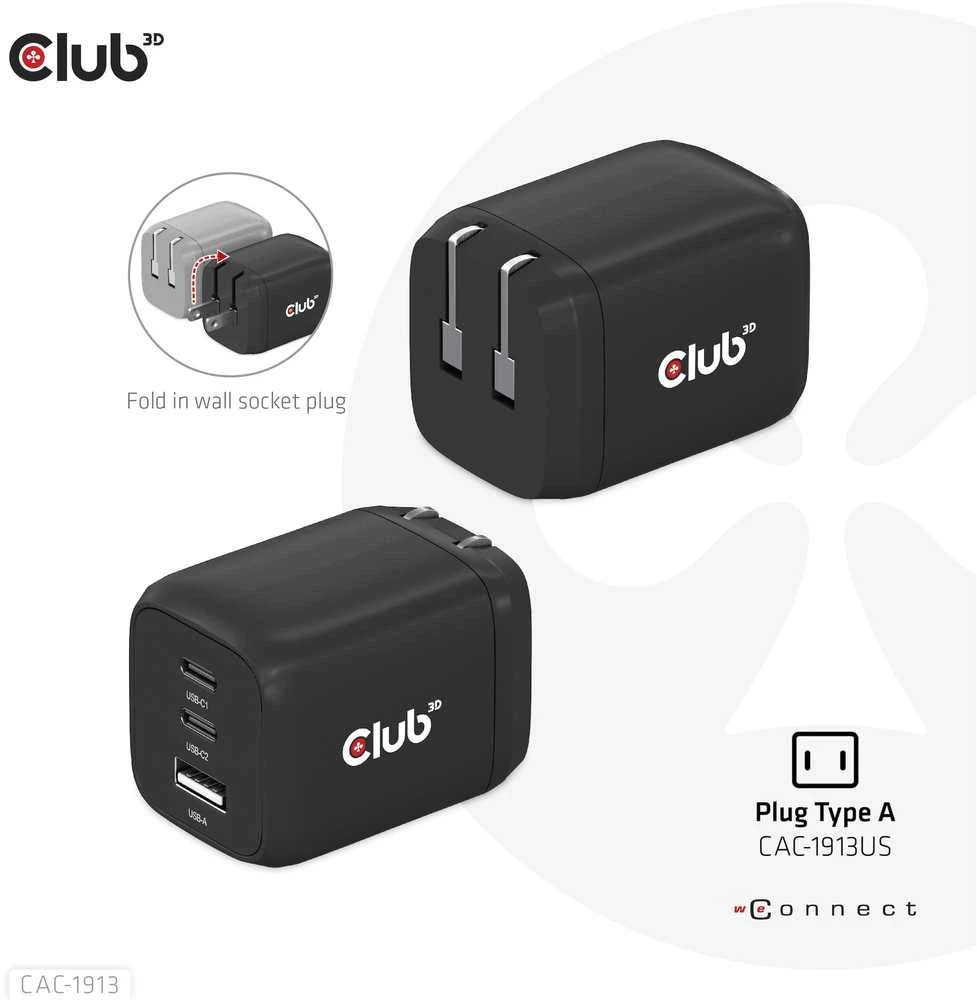Club 3D Club3D kelioninis įkroviklis 65W GAN technologija, 3 prievadai (2xUSB-C + USB-A), PPS, Power Delivery (PD) 3.0 palaikymas