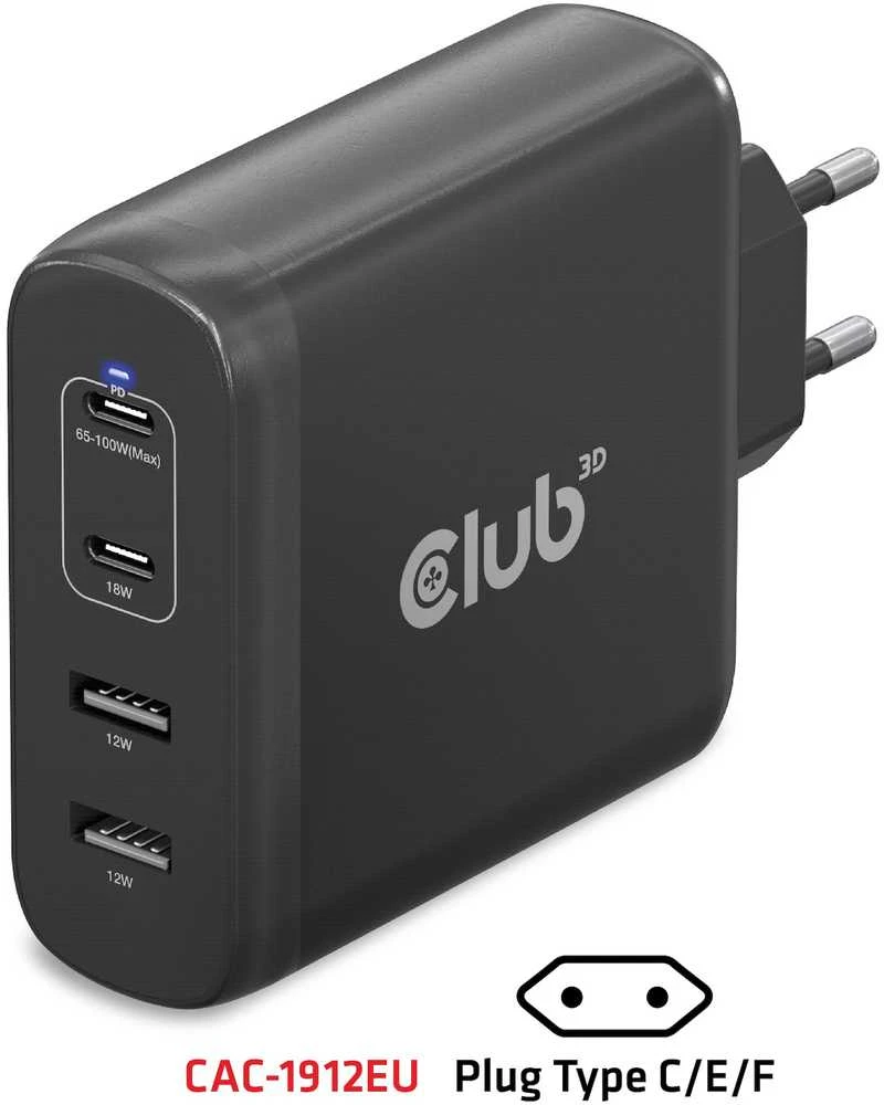 Club 3D Club3D kelioninis įkroviklis 100W GAN technologija, 2xUSB-A ir 2xUSB-C, PD 3.0 palaikymas