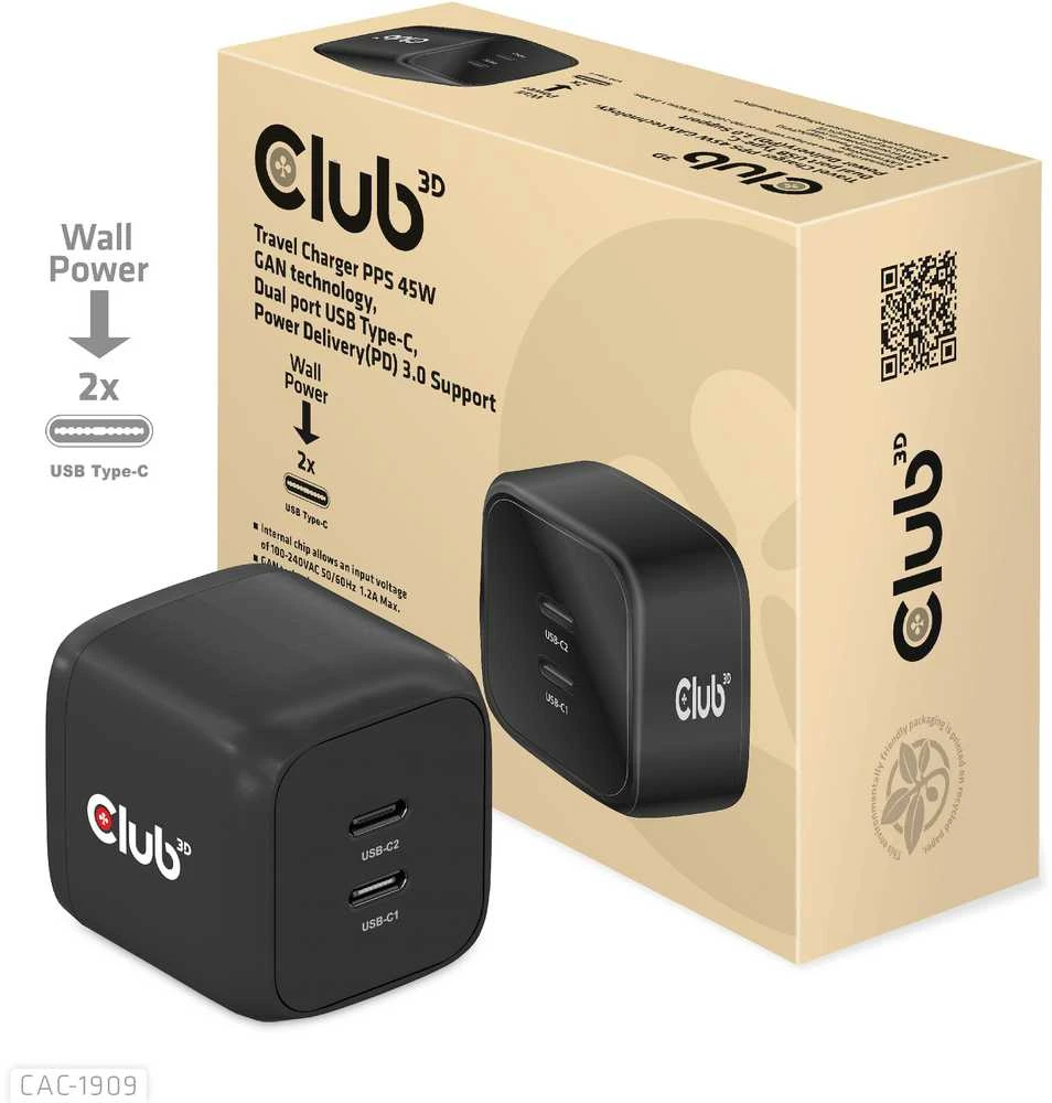 Club 3D Club3D CAC-1909EU Kelioninis įkroviklis PPS 45W GAN technologija, dviejų prievadų USB Type-C, maitinimo tiekimo (PD) 3.0 palaikymas