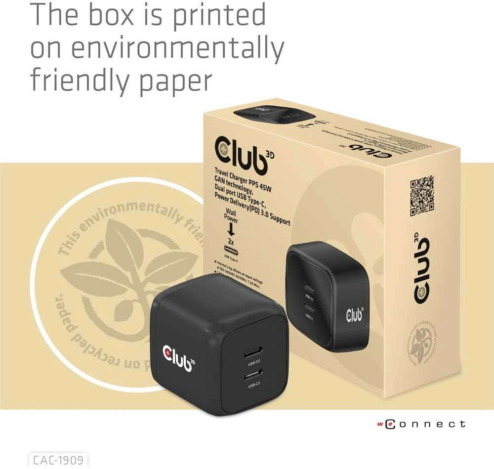 Club 3D Club3D CAC-1909EU Kelioninis įkroviklis PPS 45W GAN technologija, dviejų prievadų USB Type-C, maitinimo tiekimo (PD) 3.0 palaikymas